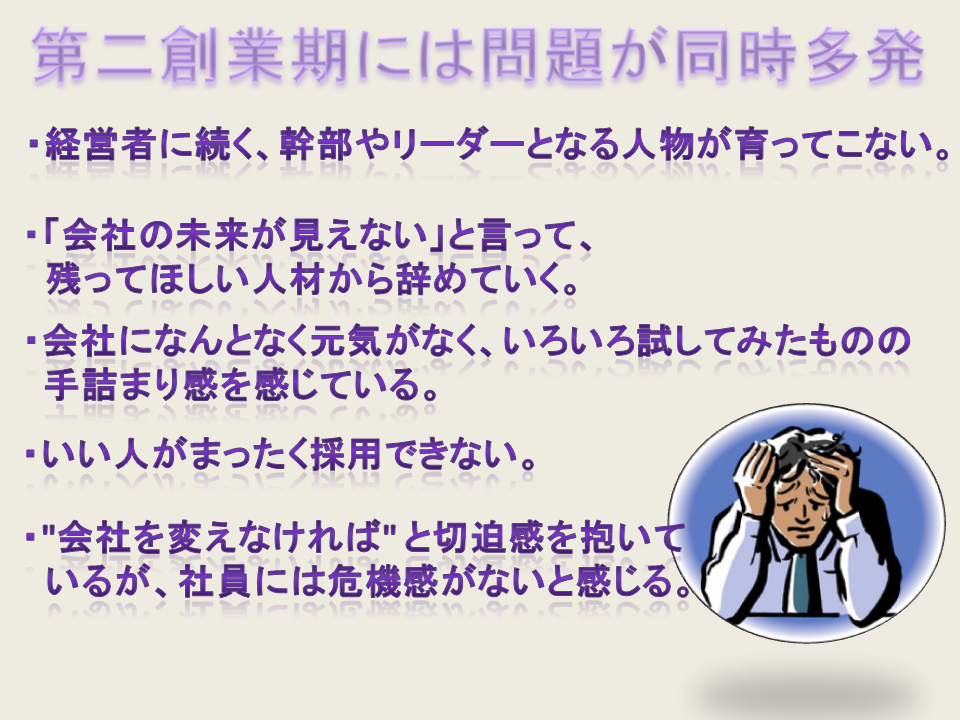 第二創業期には問題が多い。幹部やリーダーが育たない。残ってほしい人材から辞めていく。会社に元気がなく、手詰まり感を感じている。いい人が採用できない。切迫感を抱いているが社員には危機感がない。